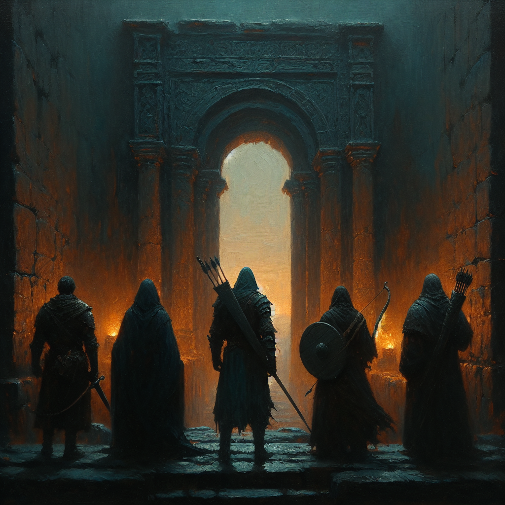 Four fantasy characters in a stone archway